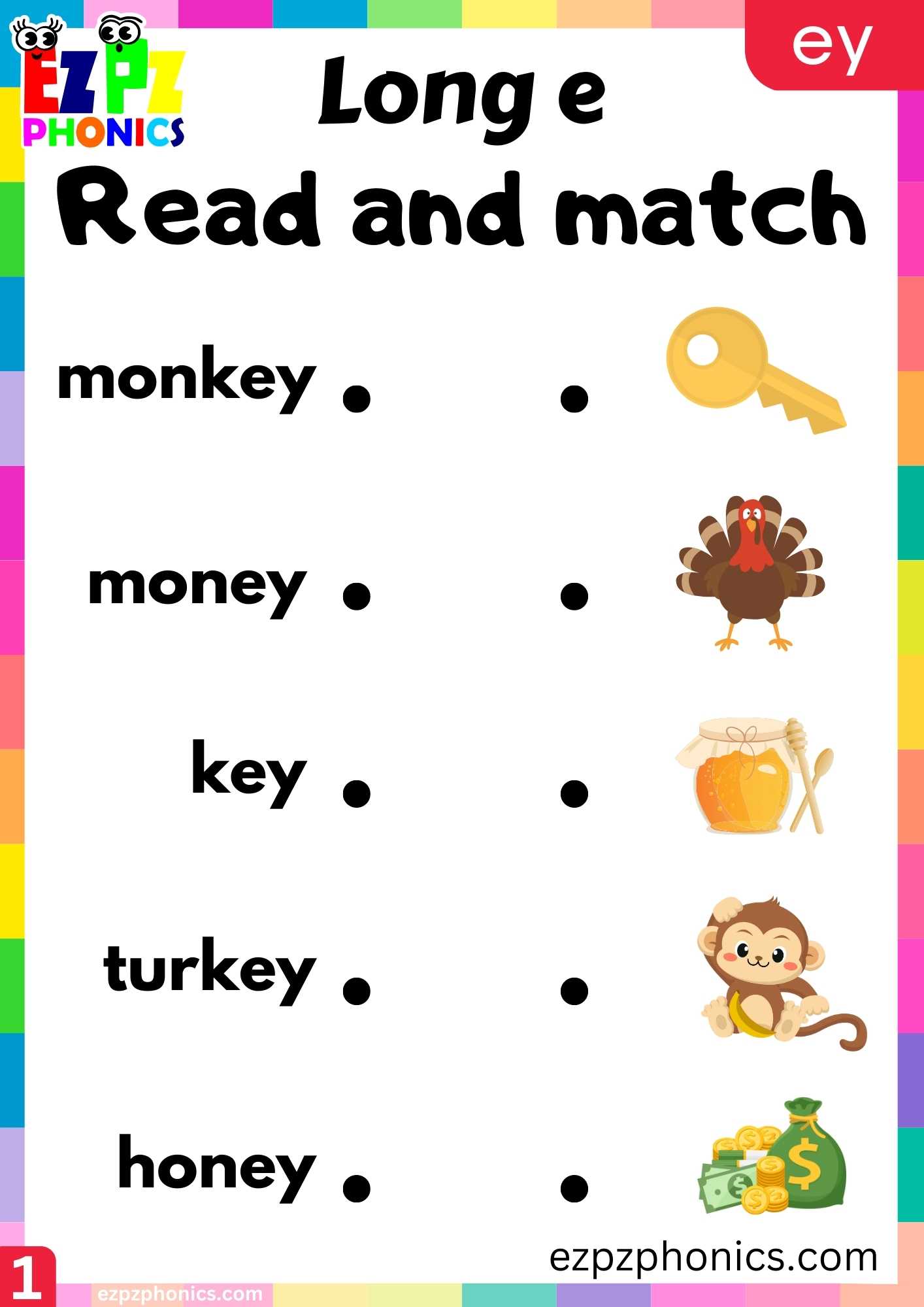 Ey Words Read And Match Long E Phonics Worksheet